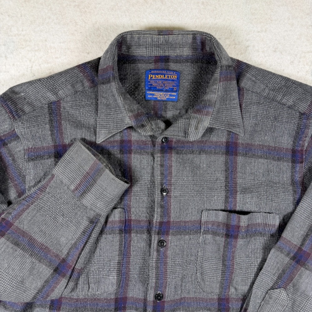 Pendleton Mens Large L Grey Purple Plaid 100% Virgin Wool Lodge Shirt Flannel